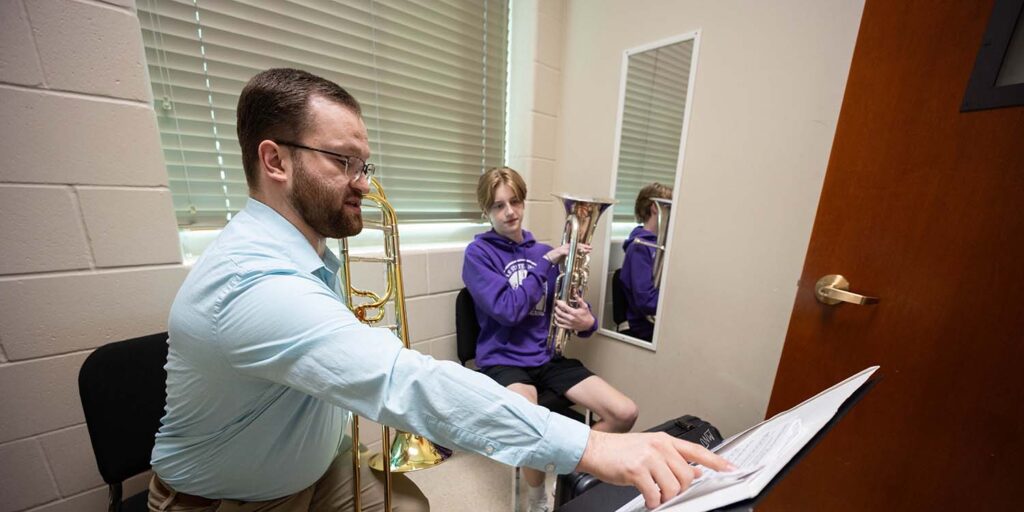 Adjunct professor Brent Mead with music student Owen Bowman