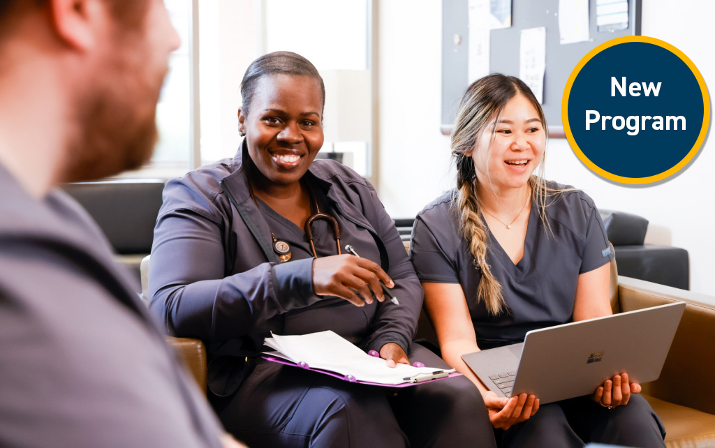 nursing students studying. Image features a badge in the upper right corner reading "New Program".